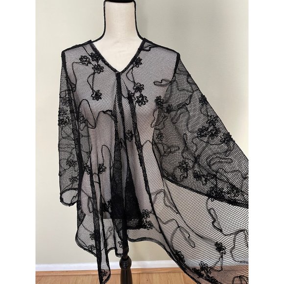 Women's Kimono Top Beach Cover Up V Neck Sheer Fishnet Mesh Black One Size - Picture 12 of 12